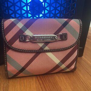 Burberry Blue Label Pink Red Multi Nylon Leather Trifold Wallet *RARE*